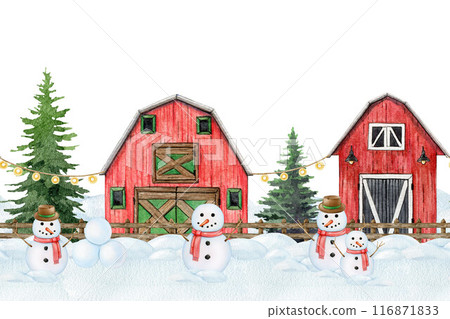 Winter time countryside seamless border decor. Vintage style painted illustration. Hand drawn funny snowman, fir trees, snow, wooden fence, red barns seamless border element isolated on background Winter time countryside seamless border decor. Vintage style painted illustration. Hand drawn funny snowman, fir trees, snow, wooden fence, red barns seamless border element isolated on background 116871833