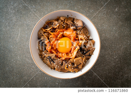 pork bulgogi rice bowl with kimchi and Korean pickled egg 116871860