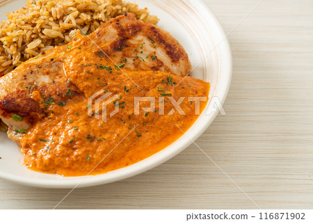 grilled chicken steak with red curry sauce and rice grilled chicken steak with red curry sauce and rice 116871902