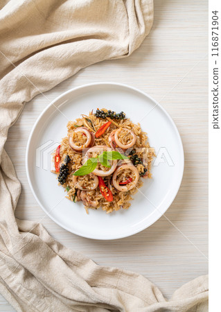 Basil and Spicy Herb Fried Rice with Squid or Octopus 116871904