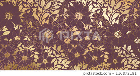 Golden Metallic Foiled Contour Flowers and Leaves on Eggplant Color Background. Luxurious Art Deco Wallpaper Design for Print, Poster, Cover, Banner, Invitation, Package, Beauty Products. Golden Metallic Foiled Contour Flowers and Leaves on Eggplant Color Background. Luxurious Art Deco Wallpaper Design for Print, Poster, Cover, Banner, Invitation, Package, Beauty Products. 116872181