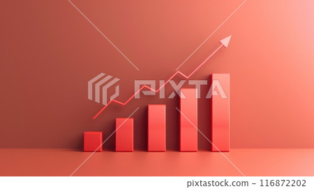 A red wall with a red line that goes up and a red arrow pointing up A red wall with a red line that goes up and a red arrow pointing up 116872202