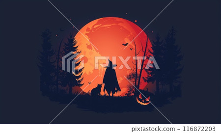 A witch stands in front of a large red moon A witch stands in front of a large red moon 116872203