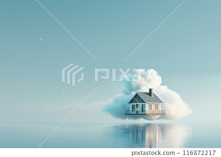 A house is floating on a cloud in the sky A house is floating on a cloud in the sky 116872217