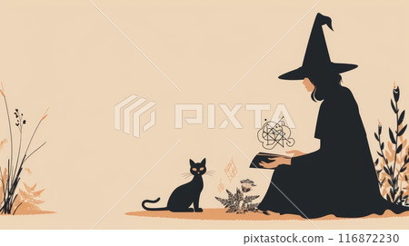 A witch is sitting on the ground with a cat by her side 116872230