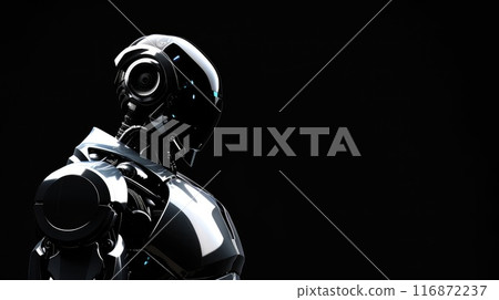 A robot is standing in front of a black background 116872237