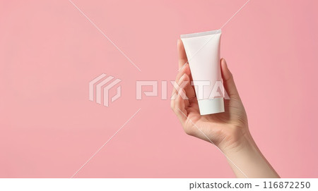 Hand holding cream tube with soft pastel background for beauty and skincare advertisement 116872250