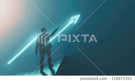 Futuristic Financial Success, Business Professional Pointing at Glowing Up Arrow with Digital Elements 116872265