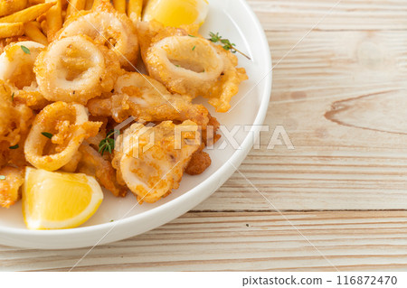 calamari - fried squid or octopus with fries calamari - fried squid or octopus with fries 116872470
