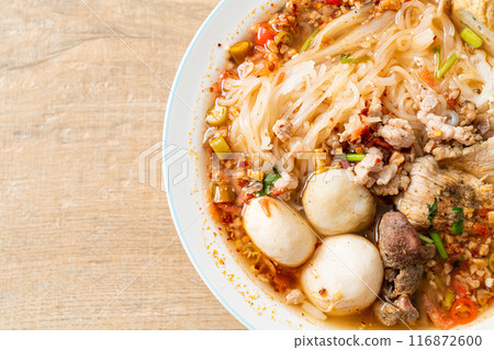 noodles with pork and meatballs in spicy soup noodles with pork and meatballs in spicy soup 116872600