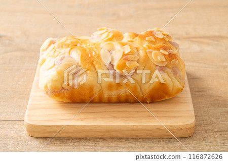 taro toast bread on wood board taro toast bread on wood board 116872626