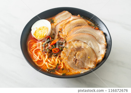 Ramen Noodles Spicy Tomyum Soup with Roast Pork 116872676