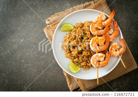 fried rice with shrimps skewers fried rice with shrimps skewers 116872721
