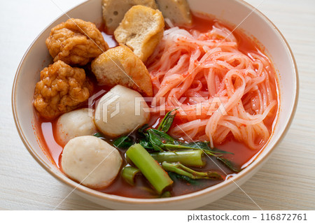 small flat rice noodles with fish balls and shrimp balls in pink soup, Yen Ta Four or Yen Ta Fo 116872761