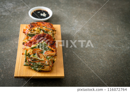 Pajeon or Korean pancake and Korean Kimchi pancake or Kimchijeon on white background 116872764