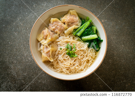 egg noodles with pork wonton soup or pork dumplings soup and vegetable 116872770