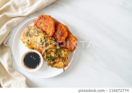 Pajeon or Korean pancake and Korean Kimchi pancake or Kimchijeon on white background 116872774