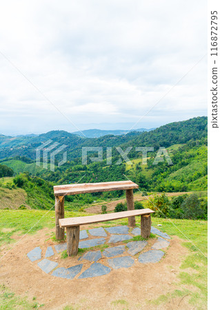 wood bar and chair with mountain hill background 116872795