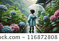 A boy taking a walk in the rain while looking at hydrangeas 116872808