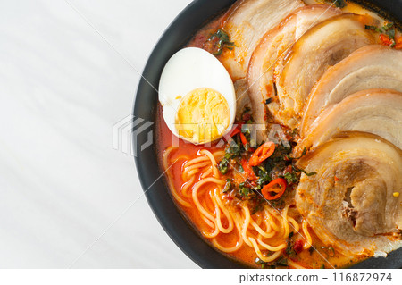 Ramen Noodles Spicy Tomyum Soup with Roast Pork Ramen Noodles Spicy Tomyum Soup with Roast Pork 116872974