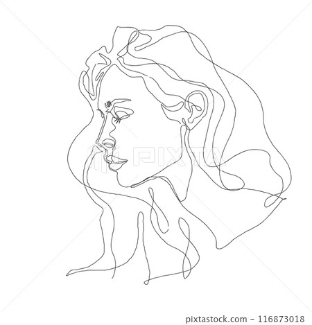 line art drawing of a Beautiful Woman's face.  female models on white background 116873018