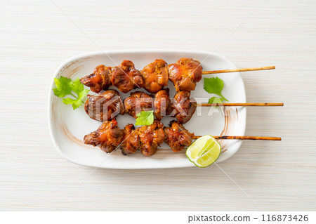 grilled chicken gizzard skewer with herbs and spices 116873426