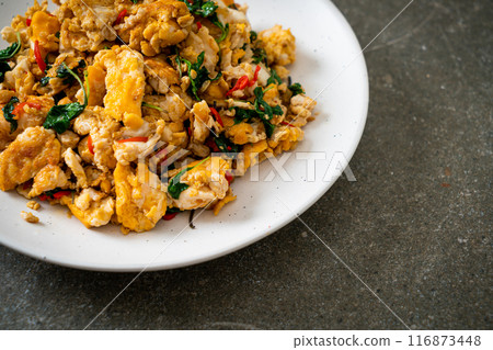 stir-fried egg with Thai basil and chilli stir-fried egg with Thai basil and chilli 116873448
