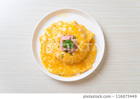 Creamy Omelet with Ham on Rice Creamy Omelet with Ham on Rice 116873449
