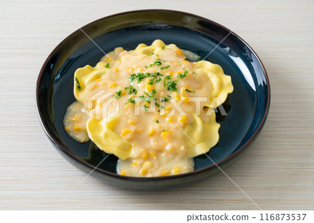 ravioli pasta with corn cheese sauce ravioli pasta with corn cheese sauce 116873537