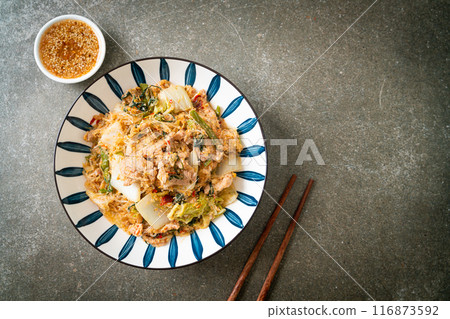 Stir-Fried Thai Styled Sukiyaki or Stir-fried vermicelli with pork and vegetables in sukiyaki sauce 116873592