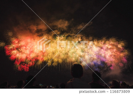 View from the grandstand of the Kashiwazaki Festival Seaside Fireworks Festival, where 100 fireworks are launched at the same time View from the grandstand of the Kashiwazaki Festival Seaside Fireworks Festival, where 100 fireworks are launched at the same time 116873809
