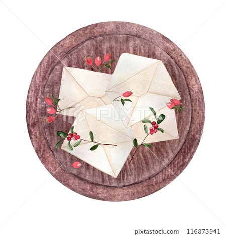 Envelopes on a wooden tray with rose-hips and cowberry isolated on white. Hand painted in watercolor. High quality illustration for cards, packages, essential oil, infusions, herbal tea, notebooks 116873941