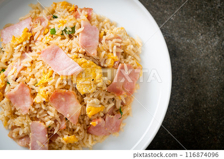 bacon ham fried rice on plate bacon ham fried rice on plate 116874096