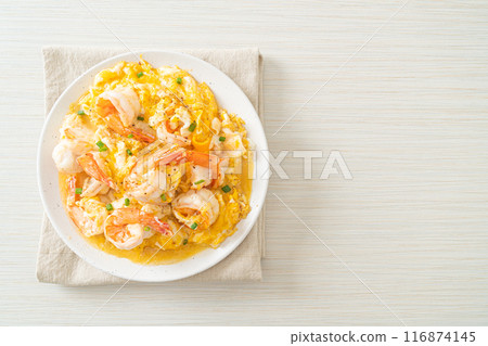 creamy omelet with shrimps or scrambled eggs and shrimps creamy omelet with shrimps or scrambled eggs and shrimps 116874145