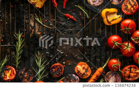 Grilled vegetables on metal grill on rustic background 116874238