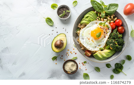 Healthy breakfast on rustic background 116874279