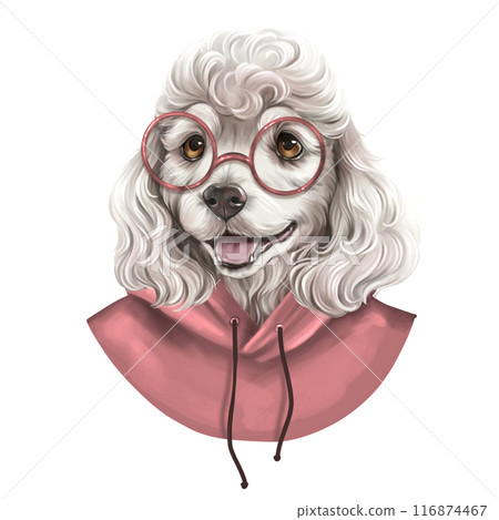Cute white curly dog illustration. Puppy in hoody and glasses. Cute white curly dog illustration. Puppy in hoody and glasses. 116874467
