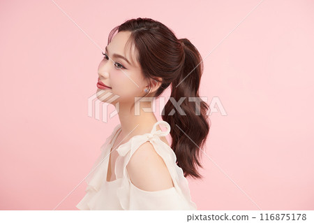 Beautiful young asian woman with clean fresh skin on pink background, Face care, Facial treatment, Cosmetology, beauty and spa, Asian women portrait. 116875178