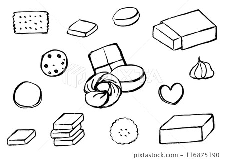 Set of monochrome line drawings of cookies and butter drawn with a brush Set of monochrome line drawings of cookies and butter drawn with a brush 116875190
