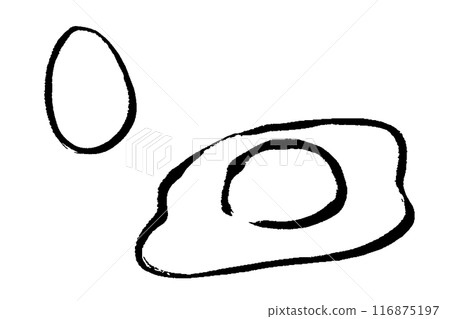 Set of monochrome line drawings of eggs and fried eggs with brush strokes Set of monochrome line drawings of eggs and fried eggs with brush strokes 116875197
