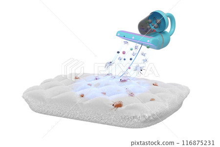 3d vacuum cleaner on pillow isolated. concept of cleaning dust mites, bacteria, germs with ultraviolet light, 3d illustration render 116875231