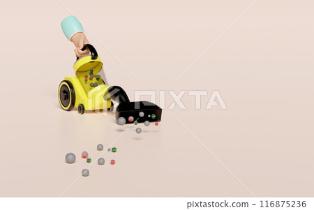 3d hand holding electrical vacuum cleaner for sucking up dirt isolated on pink background. 3d illustration render 116875236
