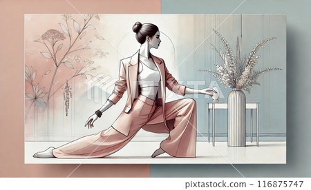 Woman in a relaxing yoga pose in stylish interior 116875747