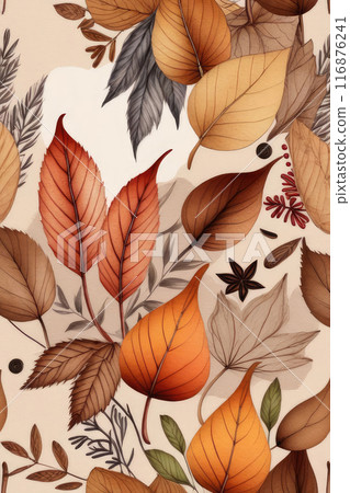 Aromatic autumn season card of warm autumn spices on white background in watercolor style. 116876241