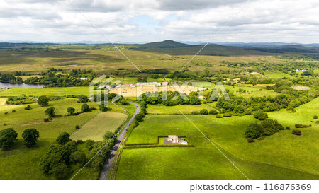 Aerial view of the A47 at Rosscor Bridge, the Boa Island Road, in Enniskillen, Northern Ireland 116876369