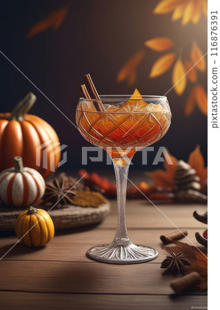 Autumn cocktail with fall spices in glass, cozy seasonal atmosphere. Autumn cocktail with fall spices in glass, cozy seasonal atmosphere. 116876391