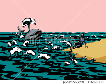 Vector drawing. A man on the shore after a shipwreck Vector drawing. A man on the shore after a shipwreck 116876438