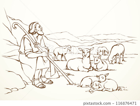 Vector drawing. Shepherd with sheep Vector drawing. Shepherd with sheep 116876471