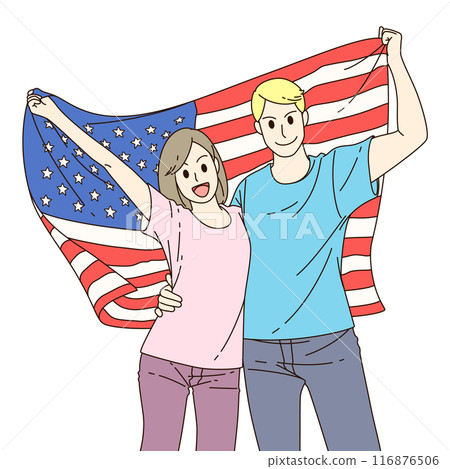 Young couples american woman and man are holding america flag on isolated white background . Cartoon style . Young couples american woman and man are holding america flag on isolated white background . Cartoon style . 116876506