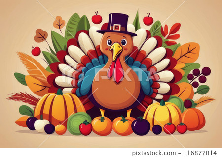 Happy Thanksgiving greeting card design decorated with turkey bird wearing pilgrim hat. 116877014